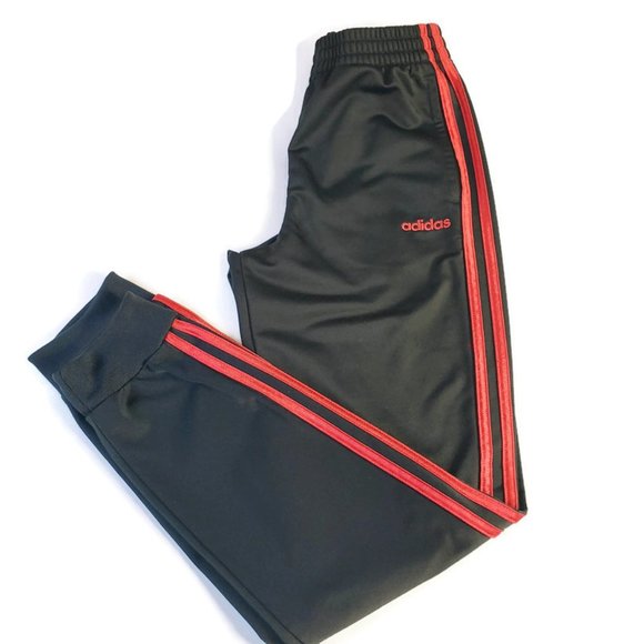 black adidas joggers red stripes